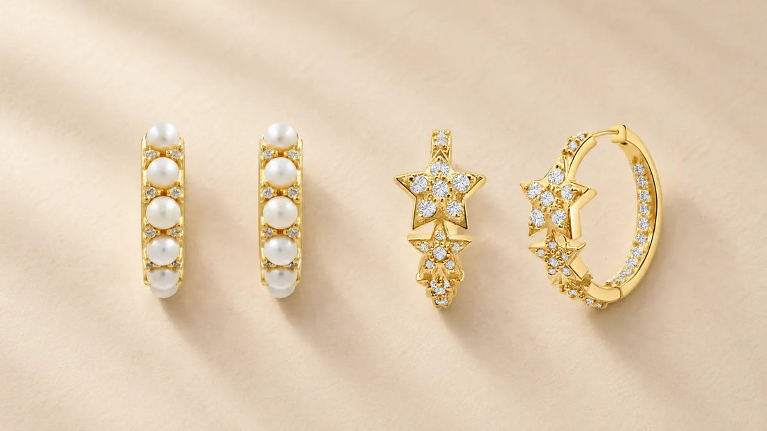 Gold-plated Pearl Hoops and Multi Stars Hoop Earrings on a warm beige background