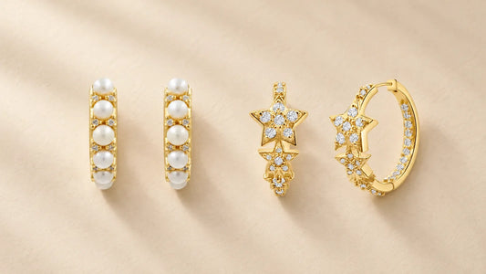 Gold-plated Pearl Hoops and Multi Stars Hoop Earrings on a warm beige background