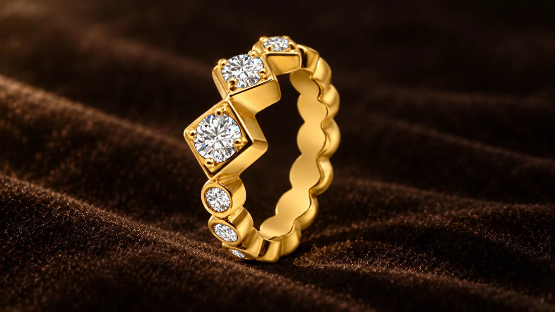 Gold-plated Sparkling Squares Ring with sparkling cubic zirconia on dark velvet