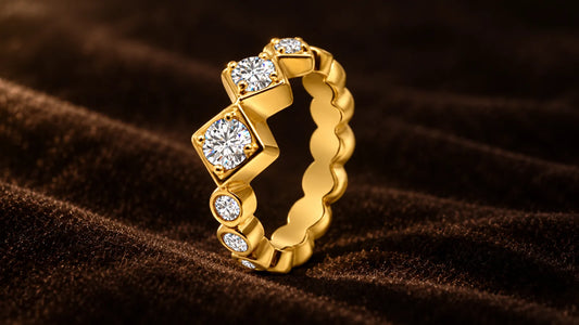Gold-plated Sparkling Squares Ring with sparkling cubic zirconia on dark velvet