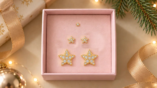 Star Trio Set with gold-plated star studs in a jewelry box with Christmas decorations